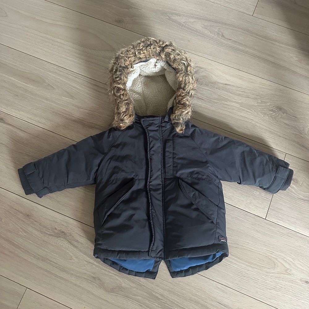 Zara Dark Gray Coat with Faux Fur Hood